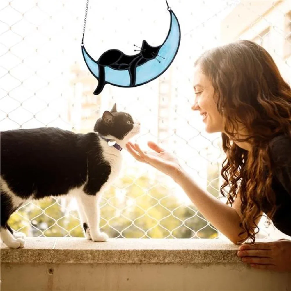Stained Glass Cat on Moon, Sleeping Cat, Handcrafted Black Cat Suncatchers - Picture 6 of 6